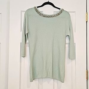 Hinge (Nordstrom) Woman's Lightweight Sweater Rhinestone Neck in Mintgreen,Small
